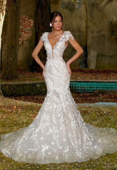 Cap Sleeve Mermaid Wedding Dress With V Neckline And Illusion And Sequin Lace by Eve of Milady