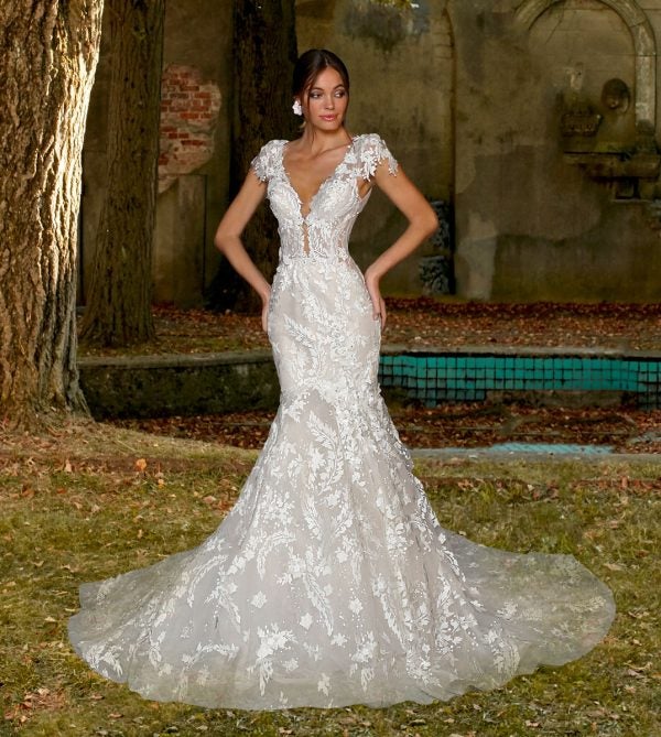 Cap Sleeve Mermaid Wedding Dress With V Neckline And Illusion And Sequin Lace by Eve of Milady - Image 1