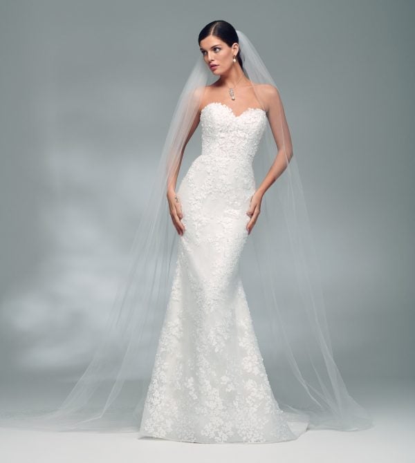 Strapless Sweetheart Neckline Fit And Flare Wedding Dress With Petal Embroidered Tulle Over Lace by Lazaro - Image 1