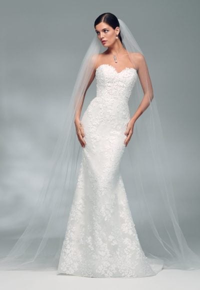 Strapless Sweetheart Neckline Fit And Flare Wedding Dress With Petal Embroidered Tulle Over Lace by Lazaro