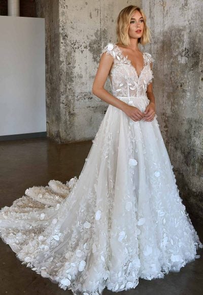 Cap Sleeve V-neckline A-line Wedding Dress With 3D Florals And Lace Over Sheer Illusion Tulle by Martina Liana Luxe