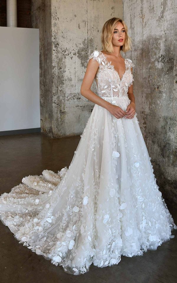 Cap Sleeve V-neckline A-line Wedding Dress With 3D Florals And Lace Over Sheer Illusion Tulle by Martina Liana Luxe - Image 1