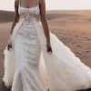 Fit And Flare Floral Lace Wedding Dress With Spaghetti Straps, Square Neckline And Detatchable Skirt by Martina Liana Luxe - Image 1