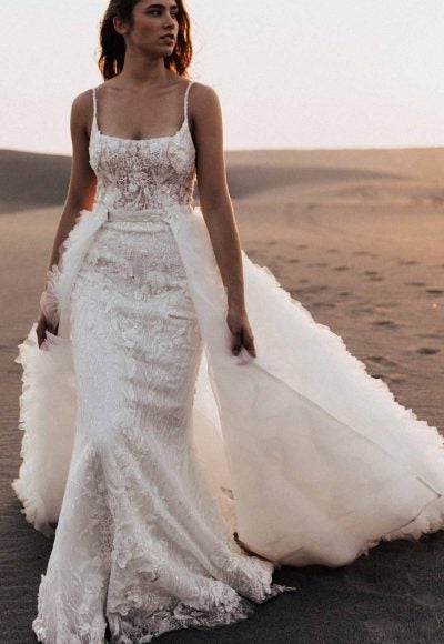 Fit And Flare Floral Lace Wedding Dress With Spaghetti Straps, Square Neckline And Detatchable Skirt by Martina Liana Luxe