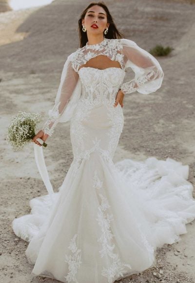 Fit And Flare Lace Wedding Dress With Detatchable Long Sleeves by Martina Liana Luxe