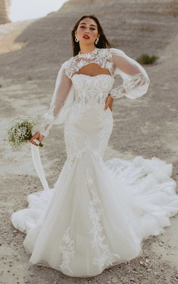 Fit And Flare Lace Wedding Dress With Detatchable Long Sleeves by Martina Liana Luxe - Image 1