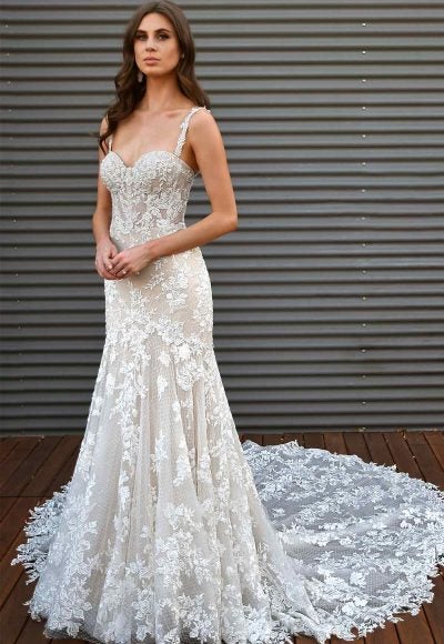 Sleeveless Sweetheart Neckline Fit And Flare Wedding Dress With Floral Lace And Sheer Bodice by Martina Liana