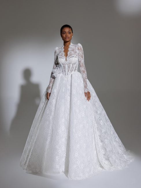 High Collar Long Puff Sleeve Lace Ballgown Wedding Dress | Kleinfeld Bridal