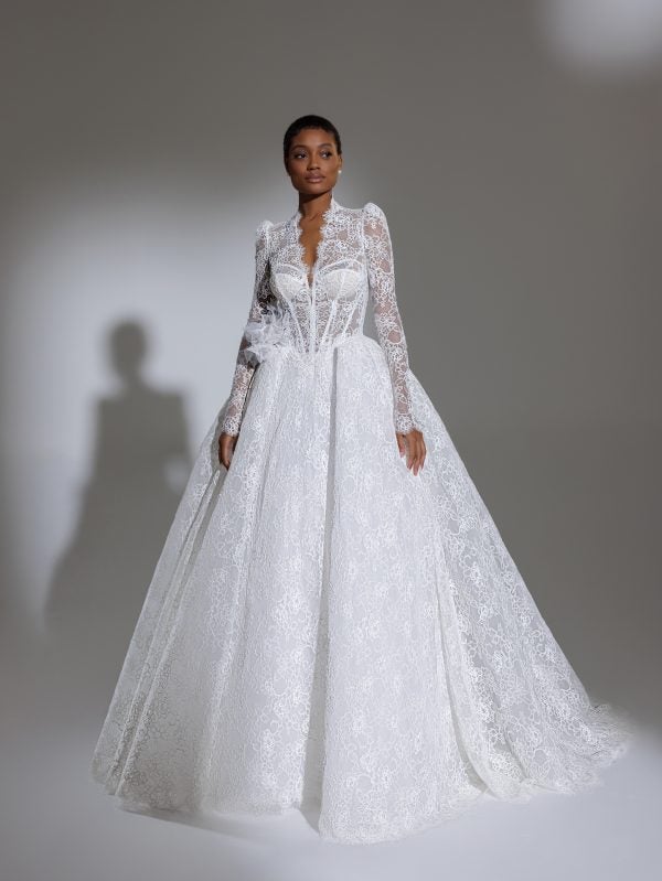 High Collar Long Puff Sleeve Lace Ballgown Wedding Dress by Pnina Tornai - Image 1