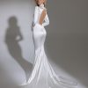 Long Puff Sleeve High Neck Stretch Satin Fit And Flare Wedding Dress by Pnina Tornai - Image 2