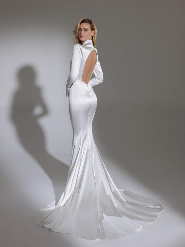 Long Puff Sleeve High Neck Stretch Satin Fit And Flare Wedding Dress by Pnina Tornai - Image 2