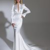 Long Puff Sleeve High Neck Stretch Satin Fit And Flare Wedding Dress by Pnina Tornai - Image 1