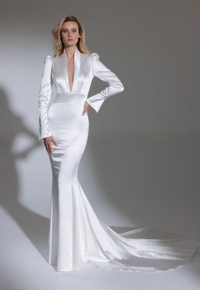 Long Puff Sleeve High Neck Stretch Satin Fit And Flare Wedding Dress by Pnina Tornai