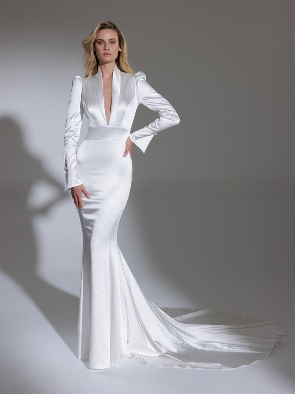 Long Puff Sleeve High Neck Stretch Satin Fit And Flare Wedding Dress by Pnina Tornai - Image 1