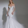 Off The Shoulder V-neckline Embroidered Lace Mermaid Wedding Dress by Pnina Tornai - Image 1