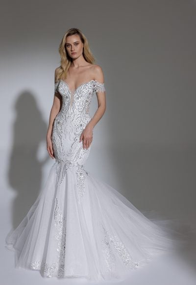 Off The Shoulder V-neckline Embroidered Lace Mermaid Wedding Dress by Pnina Tornai