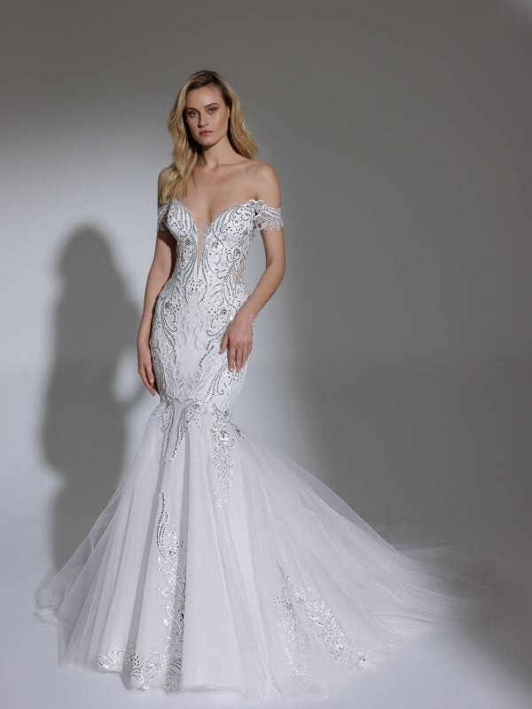 Off The Shoulder V-neckline Embroidered Lace Mermaid Wedding Dress by Pnina Tornai - Image 1