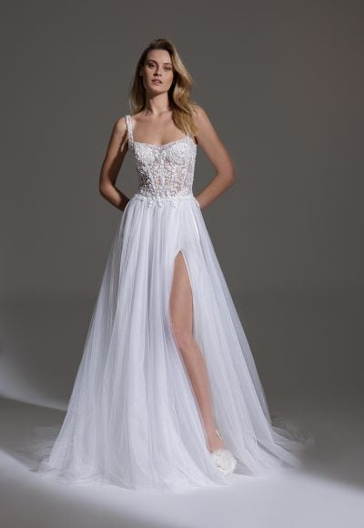 Sleeveless Square Neckline A-line Wedding Dress With Beaded Bodice And Slit by Pnina Tornai
