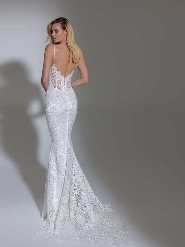 Sleeveless V Illusion Neckline Glitter Lace Sheath Wedding Dress by Pnina Tornai - Image 2