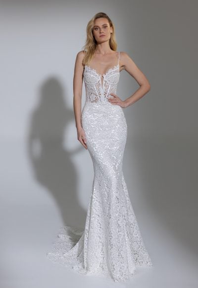 Sleeveless V Illusion Neckline Glitter Lace Sheath Wedding Dress by Pnina Tornai