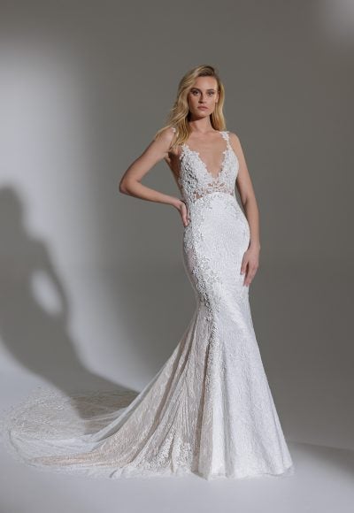 Sleeveless V-neckline All Over Lace Fit And Flare Wedding Dress by Pnina Tornai