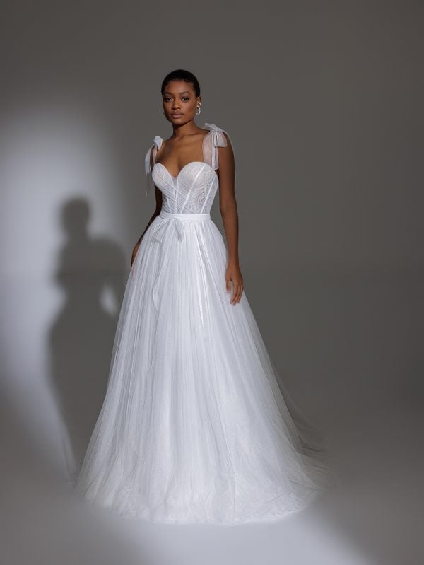 Spaghetti Strap Sweetheart Neckline Short Lace Wedding Dress With Overskirt by Pnina Tornai - Image 2