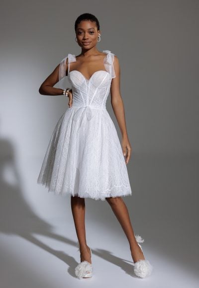 Spaghetti Strap Sweetheart Neckline Short Lace Wedding Dress With Overskirt by Pnina Tornai