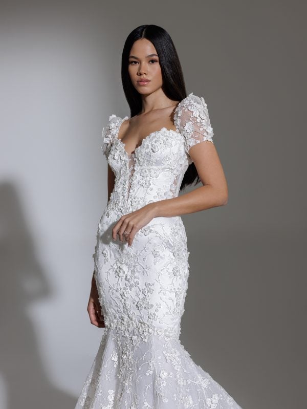 Strapless Deep V Illusion Neckline Floral Lace Mermaid Wedding Dress by Pnina Tornai - Image 2