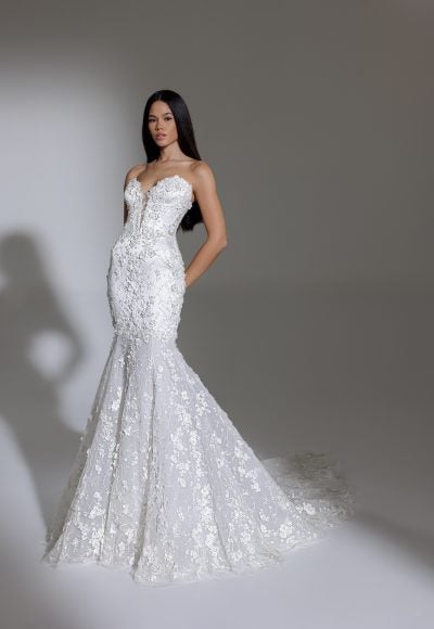 Strapless Deep V Illusion Neckline Floral Lace Mermaid Wedding Dress by Pnina Tornai