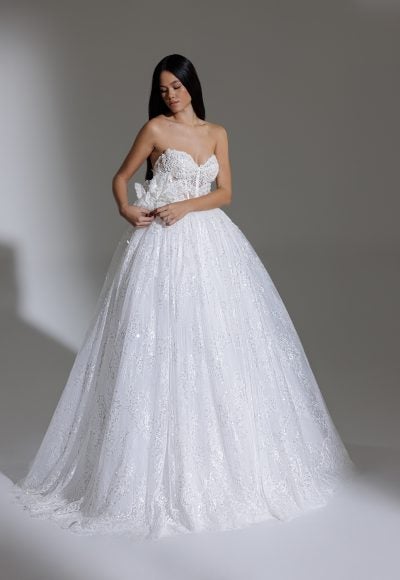 Strapless Sweetheart Neckline Beaded Lace Ball Gown Wedding Dress With Puff Sleeves by Pnina Tornai