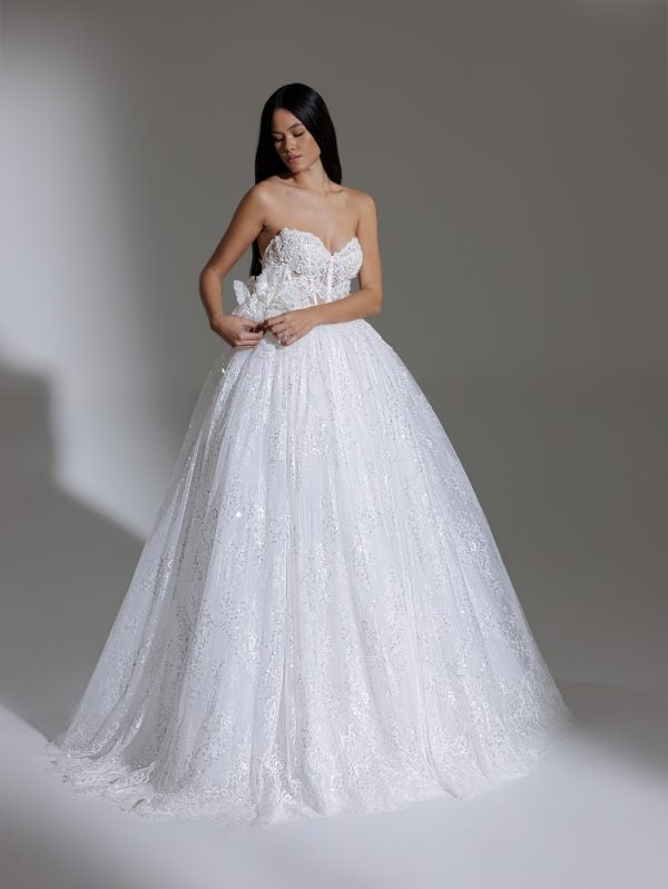 Strapless Sweetheart Neckline Beaded Lace Ball Gown Wedding Dress With Puff Sleeves by Pnina Tornai - Image 1