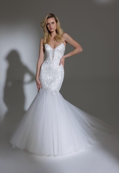 Strapless Sweetheart Neckline Embroidered Lace Mermaid Wedding Dress by Pnina Tornai