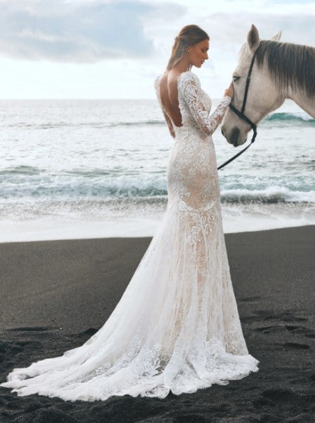 Long Sleeve Lace Sheath Wedding Dress With Open Back by Pronovias - Image 2