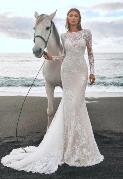 Long Sleeve Lace Sheath Wedding Dress With Open Back by Pronovias