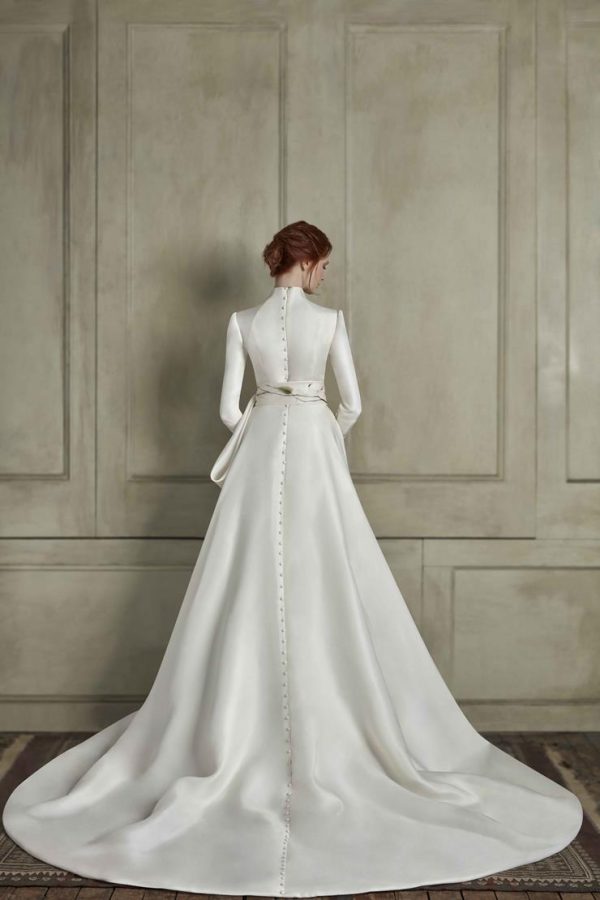 3/4 Sleeve Gazar Wedding Dress With A High Neckline And Coverd Buttons Down A Cathedral Train by Sareh Nouri - Image 2