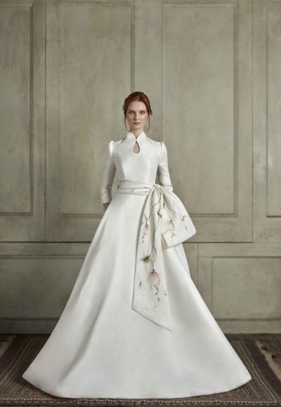 3/4 Sleeve Gazar Wedding Dress With A High Neckline And Coverd Buttons Down A Cathedral Train by Sareh Nouri
