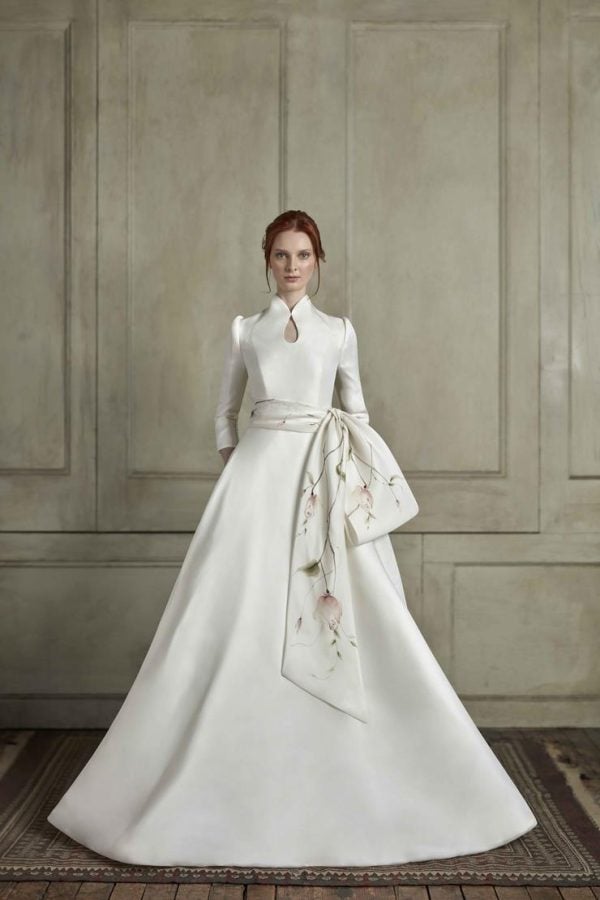 3/4 Sleeve Gazar Wedding Dress With A High Neckline And Coverd Buttons Down A Cathedral Train by Sareh Nouri - Image 1