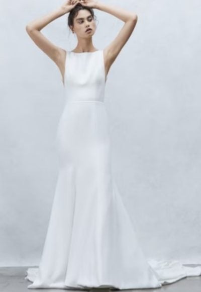 Sleeveless Fit to Flare Wedding Dress with Bateau Neckline and Plunging Back with Buttons to Hem by Alyne by Rita Vinieris