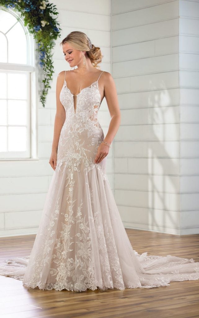 New V-neck White/Ivory Lace Tea Length Wedding Dress Stock Size 6 8 10 12 14 16 