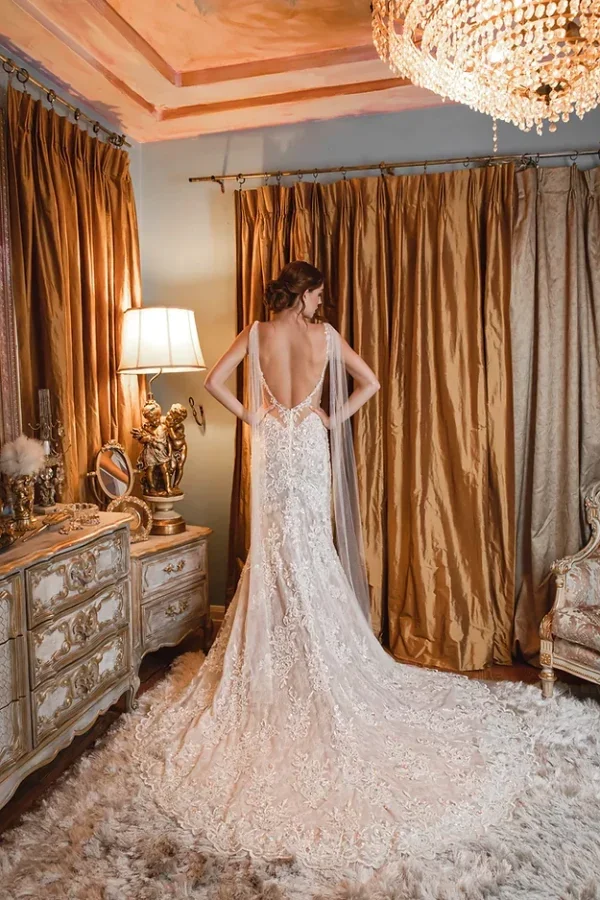 Sheath Wedding Dress With A Deep V Neckline, Floral Beaded Lace And Low Back by Estee Couture - Image 2