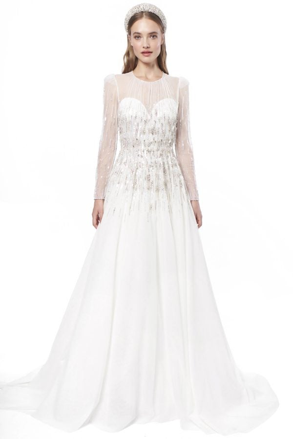 Long Sleeve A-line Wedding Dress With A Beaded Bodice And Tulle Skirt by Jenny Packham - Image 1