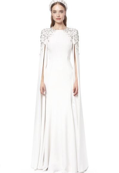Long Sleeve Fit And Flare Wedding Dress With Beaded Shoulders And Open Keyhole Back by Jenny Packham
