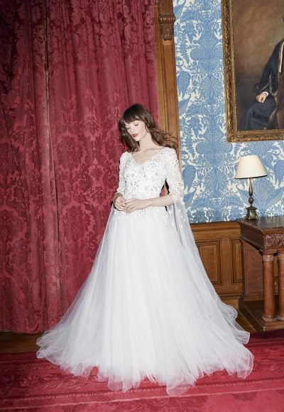 V-neck 3/4 Embellished Sleeved Tulle Skirt Ball Gown Wedding Dress by Jenny Packham