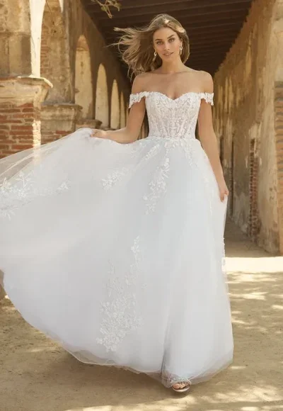 Off The Shoulder Ball Gown Wedding Dress With Floral Lace Applique by Maggie Sottero