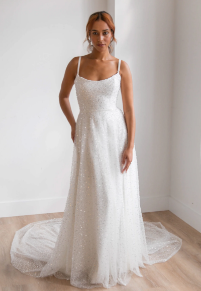 Scoop Neck A-line Wedding Dress With All Over Irridescent Pearls And Beads by Rebecca Schoneveld