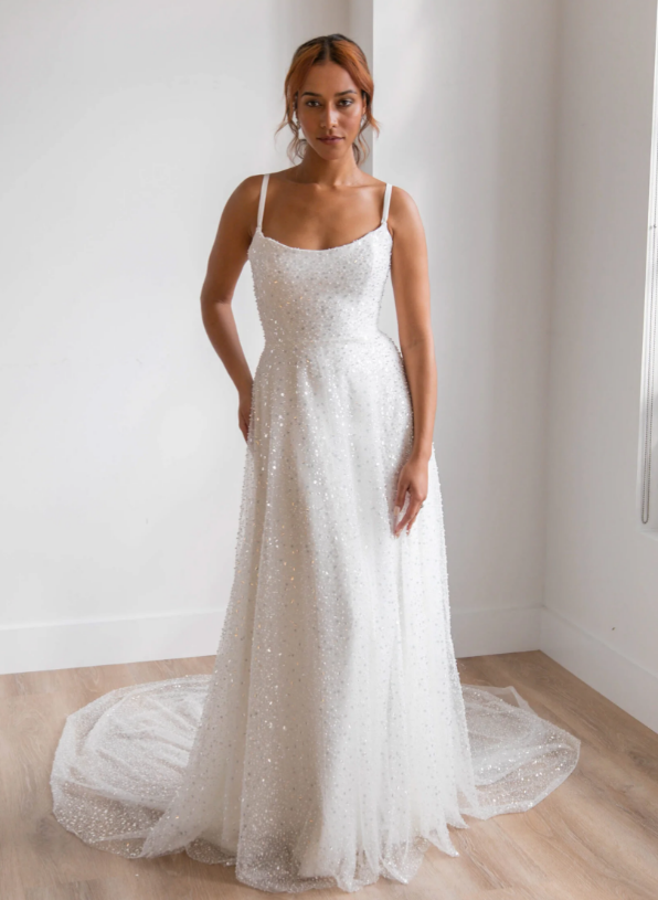 Scoop Neck A-line Wedding Dress With All Over Irridescent Pearls And ...