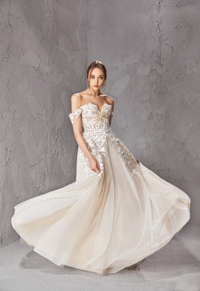 Off The Shoulder A-line Wedding Dress With Lace Appliqué And Tulle Skirt by Tony Ward