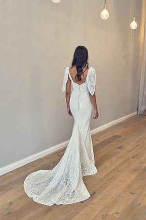 Beaded Sheath Wedding Dress With Cap Sleeves by Anna Campbell - Image 2