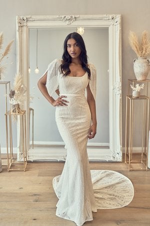 Beaded Sheath Wedding Dress With Cap Sleeves by Anna Campbell - Image 1