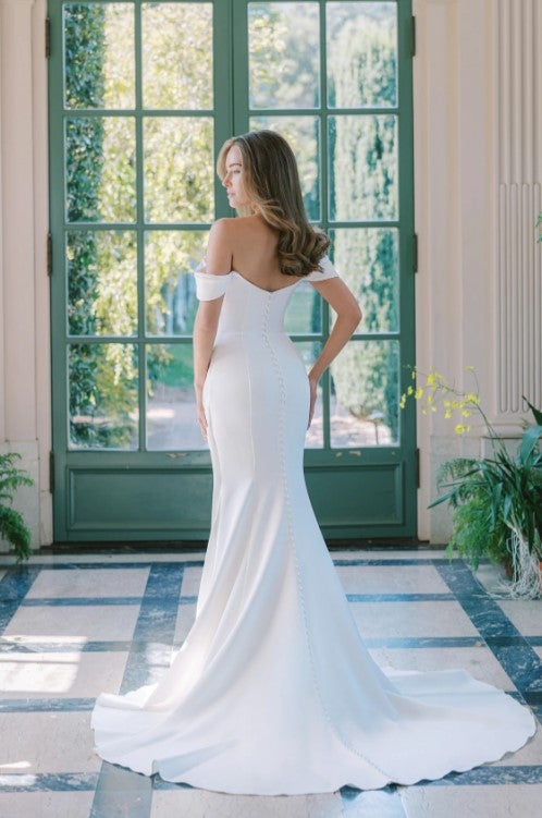 Off The Shoulder Draped Fit And Flare Wedding Dress by Anne Barge - Image 2